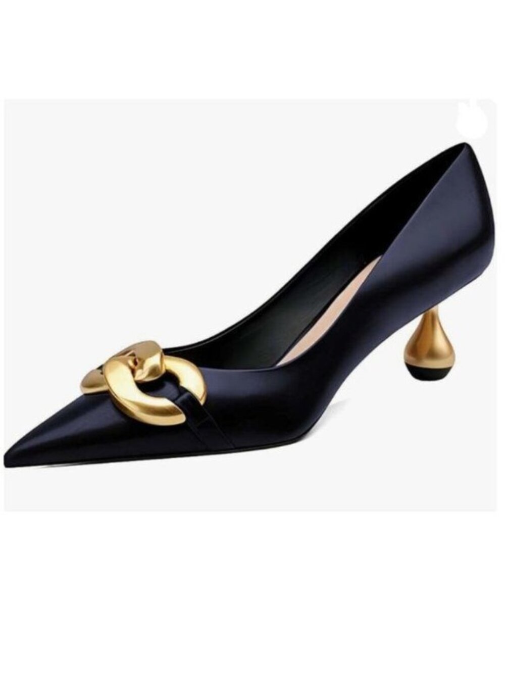 XYD Navy Low Heel Pointed Toe Pumps with Metal Chain Solid Golden Heeled Shoes